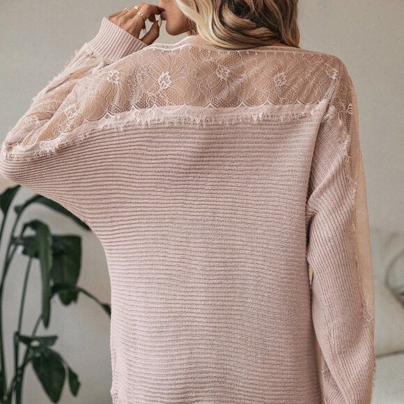 Dusty Pink Boho Womens Lace Yoke Lantern Sleeve Sweater - Picture 2 of 5